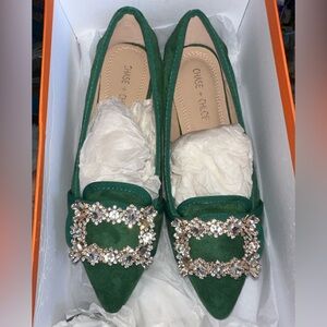 VICI Vanderpump Chase + Chloe Suede Emerald Flats with Crystal Buckle 6.5